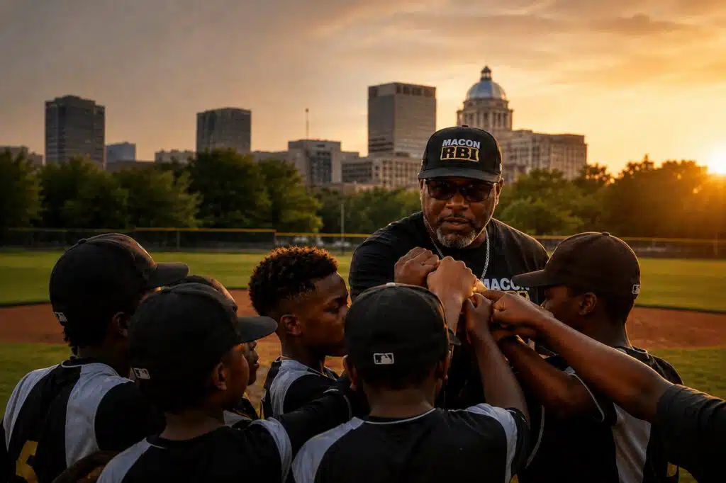 Youth baseball team gathered in a sunset huddle with coach on a field in Macon, Georgia, with the downtown skyline in the background.