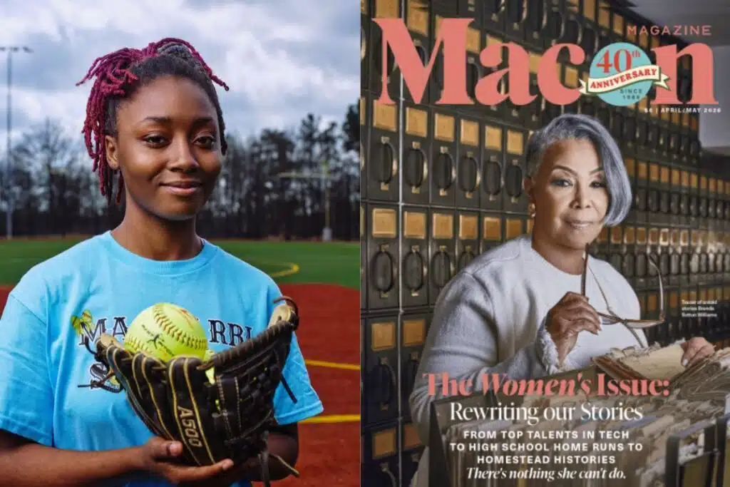 Left: a young girl in a blue softball shirt holding a glove with a ball on a baseball field; right: a magazine cover featuring an older woman in front of locker shelves with the headline 'The Women’s Issue: Rewriting our Stories'